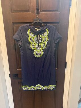 miami Navy dress with Neon Yellow & White Embroidery- bead work